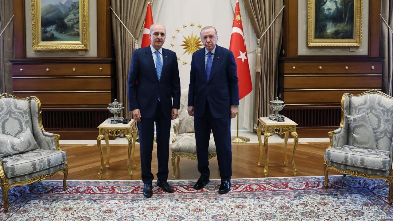 Cumhurbaşkanı Erdoğan, TBMM Başkanı Kurtulmuş'u Cumhurbaşkanlığı Külliyesi'nde kabul etti